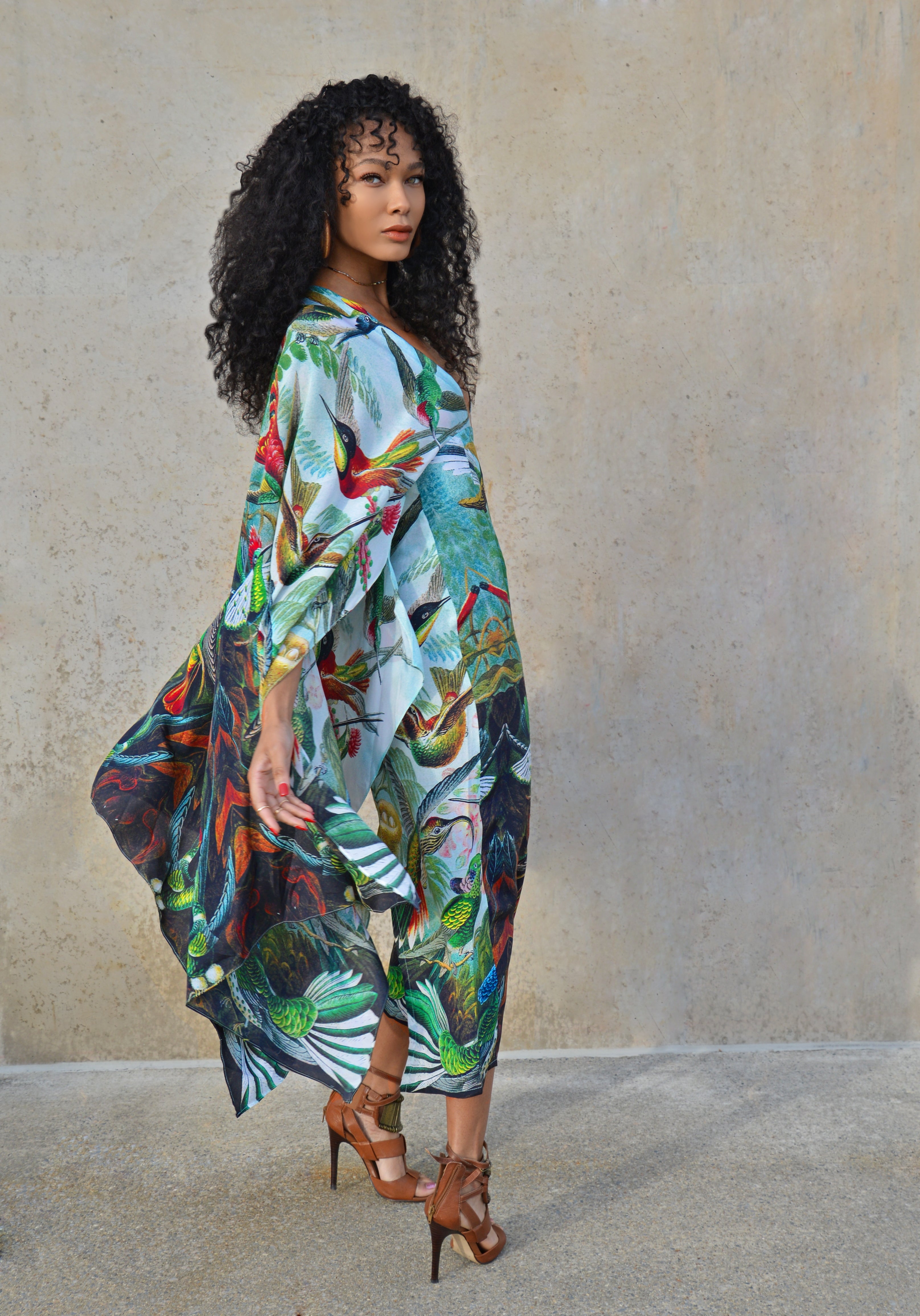 kimono inspired dress Style Short - Women V Neck Ruffle Goldfish Pattern Kimono Dress piece dress with kimono Orange kimono Dress in Silk